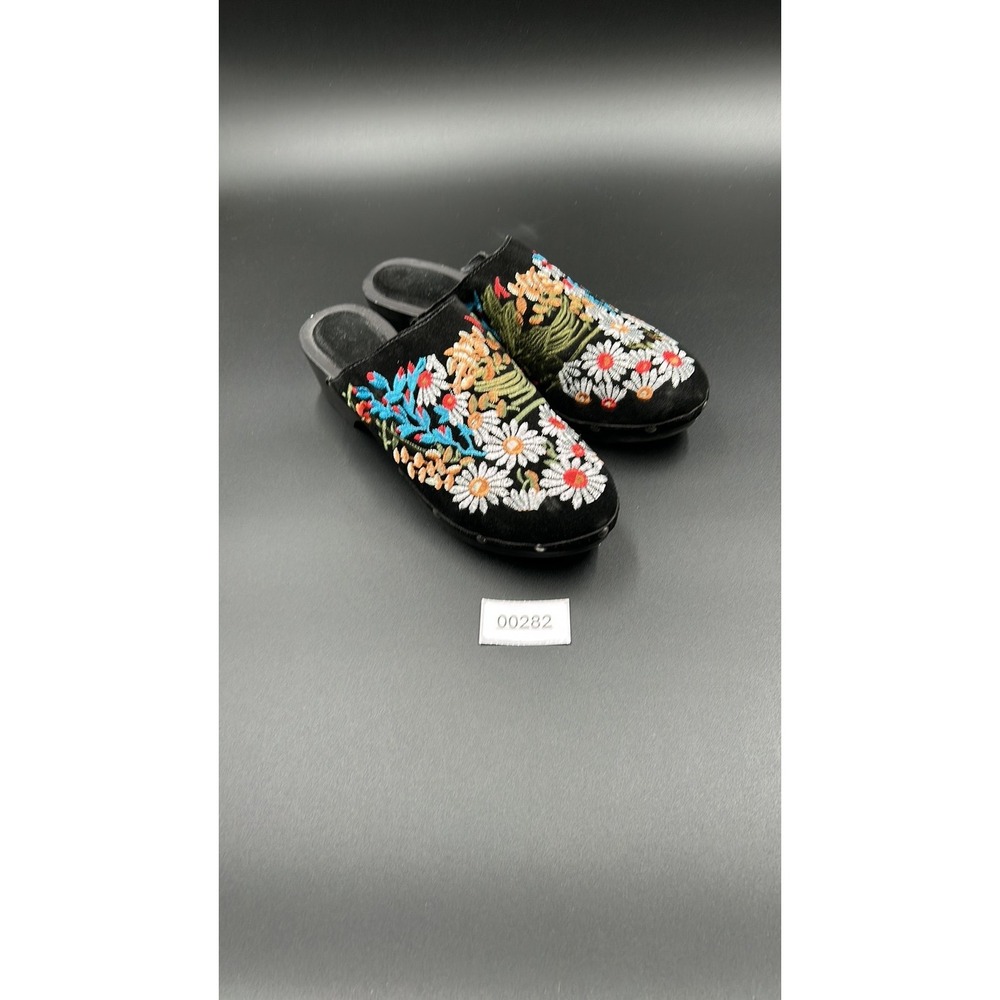 Vintage Embroidered Black Leather Clogs Brazil Floral Mules Women 11M Boho
